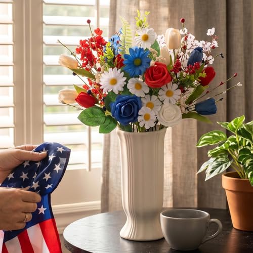 4th of July Artificial Flower Bouquet, 11 Stems Red White and Blue Faux Flowers with Roses Tulips and Baby's Breath, Patriotic Table Centerpiece for Home Vase Decor