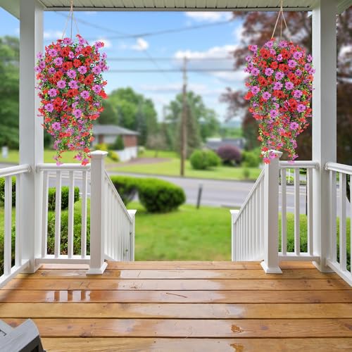 Artificial Fake Hanging Flowers Plants for Outdoor Outside Spring Summer Decoration 2PCS Faux Silk UV Resistant Realistic Mums Daisy with Eucalyptus for Home Porch Patio Balcony(Red & Magenta) - color: Magenta & Red
