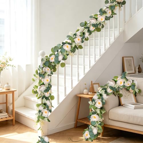 Uguisu 2Pcs Artificial Garland with Roses, 5.9ft Greenery Eucalyptus Garland for Wedding, Party, Mantel, Table, Indoor and Outdoor Decoration. Champagne - color: Champagne
