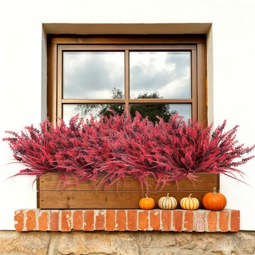 RECUTMS 12Pcs 14.6" Artificial Fall Flower Plants Outdoors Faux Greenery | UV Resistant,Faux Greenery Shrubs,Wine Red Fake Grass with Flowers,Artificial Shrub for Garden Patio Porch Outdoor Decor - color: Wine Red