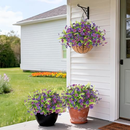 Artificial Flowers for Outdoors, 12 Bundles Multicolor Silk Fake Flower with Ferns for Spring Summer Decoration, UV Resistant Artificial Outdoor Faux Plants for Home Planter Porch Patio Yard Decor - color: Light/Deep Purple and Fern