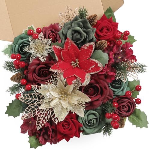 Artificial Christmas Flowers Mix Silk Flowers Fake Roses with Stems for DIY Bridal Bouquets Faux Flowers Centerpieces for Table Home Christmas Decorations - color: Chrismas Red Green