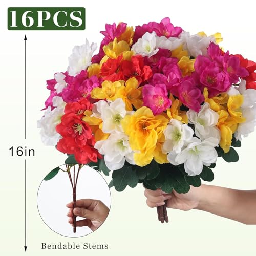16 Bundles Artificial Flowers for Front Door, Fake Silk Azalea Bouquet Silk Flowers for Outside UV Resistant Realistic Faux Plants for Planter Farmhouse Patio Garden Walkways Home Decor (Mixed Color) - color: Mixed Color