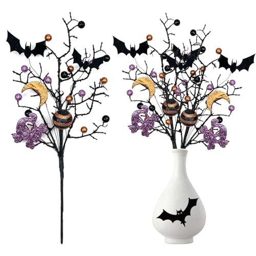 3 Pack Artificial Halloween Floral Picks Purple Orange Black Berry Stems Halloween Tree Branches with Glitter Ball for Halloween Party Flower Arrangement Centerpieces (Black) - color: Black