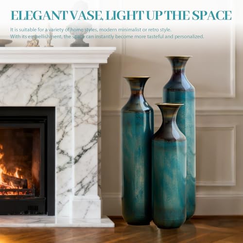 Floor Vases Decorative Tall Set of 3, Teal Blue Torch-Fired Metal Standing Vase for Decor Living Room Rustic Burnt Finish Vases for Fireplace Corner Hallway, Bedroom, Entryway - color: Teal Blue1