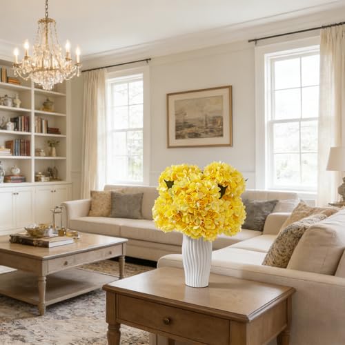 6PCS Realistic Artificial Silk Hydrangea Flowers, Premium Fake Hydrangea Flowers Bouquet with Stems, Full Faux Hydrangea Blooms for Home Wedding Table Party Office Decorations(Yellow) - color: Yellow