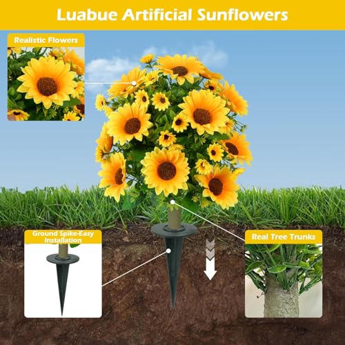 24" Artificial Boxwood Topiary Ball Tree with Ground Spike Sunflower for Outdoor Planters, UV Resistant & Waterproof Bushes, Fake Outdoor Plants for Porch Garden Yard, Set of 2