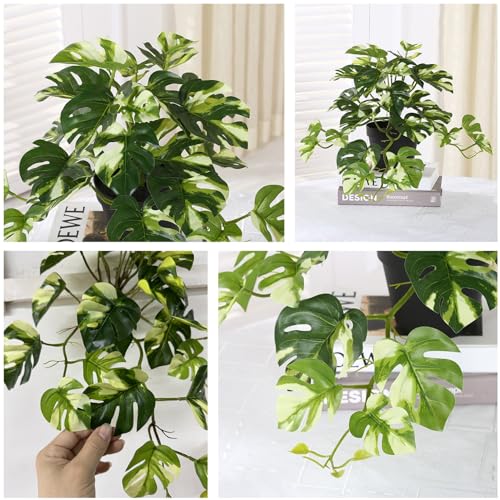 Artificial Monstera Plants, Fake Tropical Palm Small Potted Faux Hanging Greenery Mini Plants for Indoor Outdoor Home Office Garden Houseplants Pot Decor Wedding Party Decorations - Oil Painting Green - color: Monstera Plant - White Green 1 Pcs