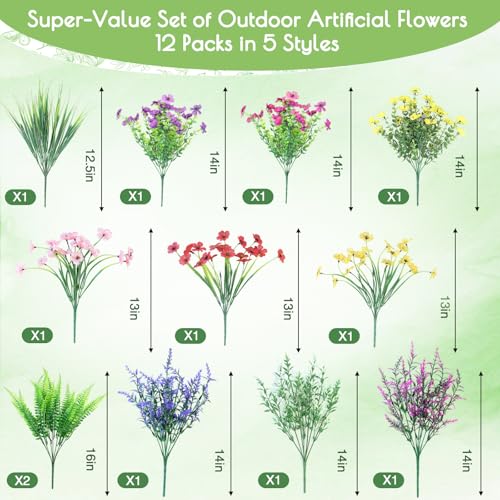 12 Bundles Artificial Flowers for Outdoors Decoration, UV Resistant Fake Silk Flowers Realistic, No Fade Faux Plastic Greenery Plants for Home Garden Patio Yard Porch Spring Decor(Multi Colors) - size: 12 Bundles