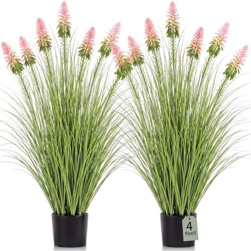 Jexine 2 Pieces 4 ft Artificial Tall Grass Plants Outdoor with Pink Cockscomb Flower Tall Artificial Grass Green Onions Plant Potted for Housewarming Gift House Garden Lobby Outdoor - color: Pink Cockscomb Flower