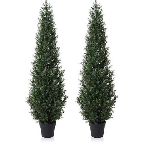 Laiwot 5FT Artificial Cedar Topiary Trees for Outdoors Potted Fake Cypress Trees Faux Evergreen Plants for Home Porch Decor Set of 2 - size: 5ft