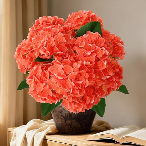 A Bunch 20in, Real Touch Hydrangea Artificial Flowers, with 5pcs Flower Head 8pcs Leaves, Faux Hydrangea Flowers for Home Office Decor Wedding Party Arrangements (1, Orange-red) - color: Orange-red, size: 1 Bunch