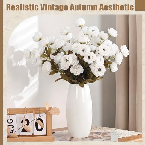 Zeyune 8 Stems Faux Peony Artificial Flowers, 28 Inch Long Stem Fake Silk Peonies, Vintage Creamy White Floral Branches with 6 Heads for Wedding Centerpiece, Tall Vase, Home Decor