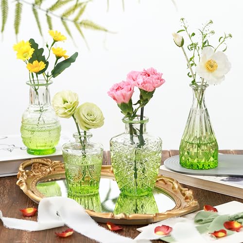 Vintage Small Glass Vases Set of 10,Mini Bud Vases for Flowers,Amber Glass Vases for Centerpieces,Wedding Decorations,Home Table Flower Decor (Olive Green) - color: Olive Green