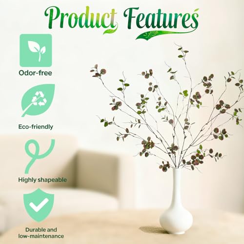 4 Pcs 38.5" Tall All-Green Artificial Branches with Leaves, Realistic Faux Ficus Greenery Stems, Bendable Fake Plant Twigs for Tall Floor Vases, Home Centerpiece, Office & Spring Decor(WN Red) - color: Wn Red