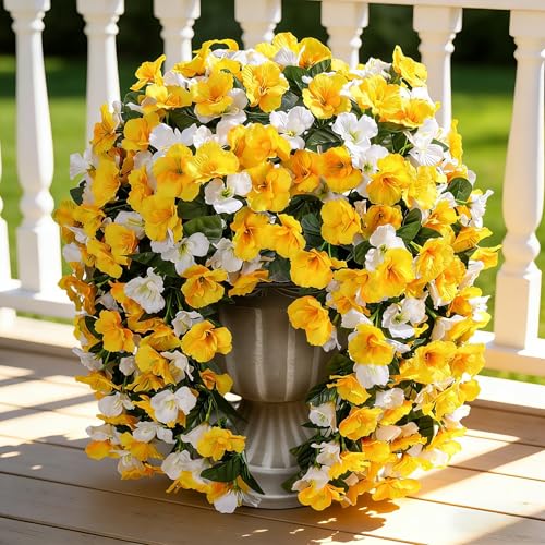 Hibiscus Artificial Fake Hanging Flowers Plants for Outdoor Spring Decoration, 2PCS UV Resistant Faux Hibiscus Silk Flowers Realistic Look Real for Planters Outside Porch Patio Yard, Yellow White - color: A-yellow White, size: 2pcs