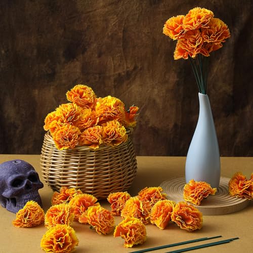 Syhood 50 Pcs Mexican Marigold Flower Bulk Decorations Flores Artificiales Fiesta Party Decorations for Mexican Backdrop Party Floral with Stems DIY Marigold Garland - color: Gradient
