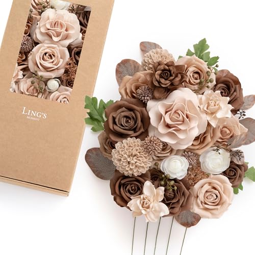 Ling's moment Artificial Wedding Flowers Combo, Fake Greenery for DIY Bouquets Centerpieces Decorations Foam Rose Ranunculus with Stems for Party Home Decor, Earth Brown & Sand Beige, Deluxe Combo - color: Earth Brown & Sand Beige, size: Deluxe