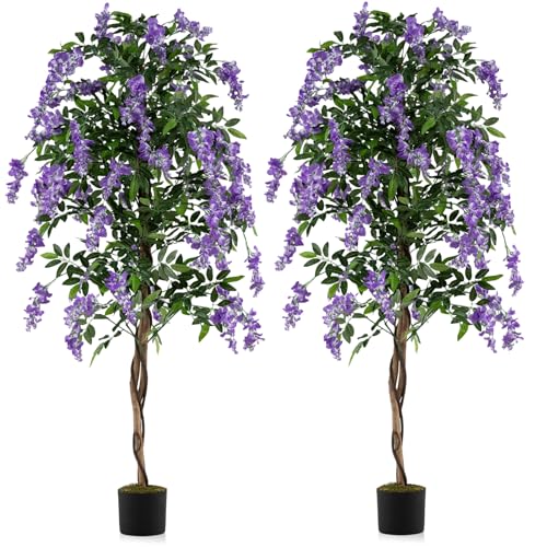 Goplus 6FT Ficus Artificial Tree, 2 Pack Faux Wisteria Tree in Nursery Pot with Purple Lifelike Flowers, Fake Potted Tree Greenery Floor Plant for Indoor Home Office Porch Living Room Decor - color: Purple, size: 6ft×2