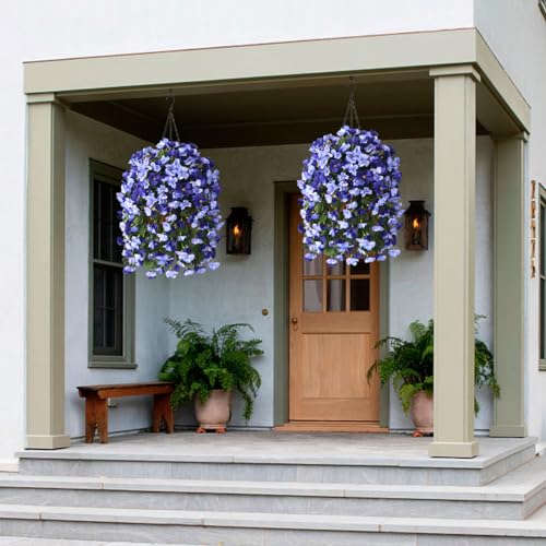 INQCMY Artificial Hanging Flowers Basket for Outdoors Spring Summer Decoration,Faux Silk Begonia in Planter Look Real UV Resistant for Outside Home Porch Patio Garden Balcony Yard Decor（Deep Blue） - color: Deep Blue