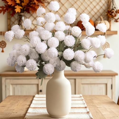 INQCMY Artificial Flowers 12 Pcs Fake Chrysanthemums White Faux Kiku Flower Long Stem 20" Realistic Silk Pompon Mums for Vase Wedding Bouquets Centerpieces Home Decor - color: White