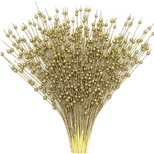 Artificial Golden Glitter Berry Stem Decorations 17 Inches, Fake Bead Sticks Picks for Halloween Christmas Ornaments Tree DIY Wreath Crafts Gift Fireplace Holiday Home Xmas Decor - Gold 10 Pack - color: Glitter Berry Sticks - Gold 10 Pack