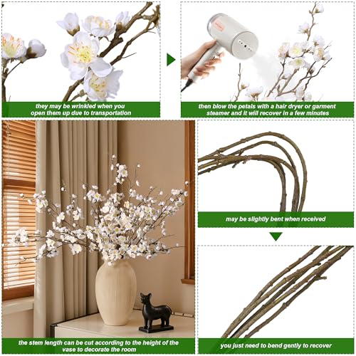 florisso 6 PCS Artificial Cherry Blossom Branches Spring Indoor Decoration, Faux Flowers 34.45" Long Stems Plum Fake Peach Plants Real Touch Silk for Wedding Home Bedroom Party Table Office, White - color: A-white