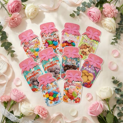 Avxdbr 27 Pack Mother’s Day Mason Jar Candy Cards DIY Heart Cutout Floral Cards with Treat Bags and Tape Mother’s Day Treat Bags with Heart Window for Mom