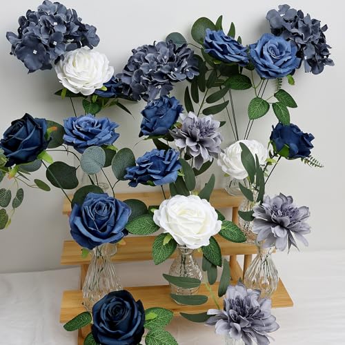 Artificial Flowers Combo Box, Navy Blue DIY Fake Silk Flowers Set Decor with Stems for Roses Graduation Party Centerpieces Bridal Bouquets Cake Decorations Arrangements Indoor Outdoor - color: Navy Blue