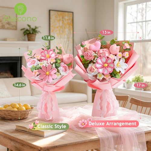 Alecono Large Crochet Flower Bouquet, Pink Knitted Flowers, Crochet Tulip Galsang Flower for Valentines Day Lover Anniversary Birthday Party Mother's Day Graduation Gifts (Include Card) - color: Pink, size: X-Large