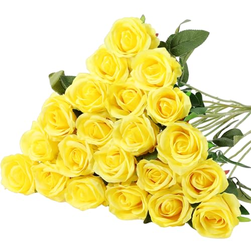 Hotop 20 Pcs Artificial Rose Flowers with Long Stem,Real Lifelike Silk Realistic Plastic Bouquet Roses Bulk for Home Decor Bridal Wedding Party Table Centerpieces Decorations(Yellow) - color: Yellow