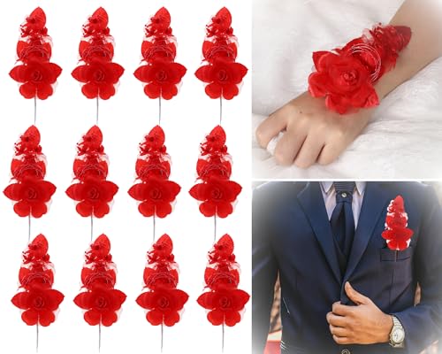 Set of 12 Artificial Silk Organza Craft Rose Flower, 12 Corsage Wristlet, 12 Pin Back DIY Boutonnieres for Wedding, Bridesmaids, Groomsmen, Quinceanera, Prom, Sweet 16 (Red) - color: Red