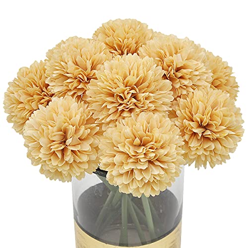 10Pcs Artificial Fake Flower Plants Silk Chrysanthemum Ball Hydrangea Arrangements Wedding Bouquets Decor Home Kitchen Garden Party Table Floral Centerpieces DIY (Beige) - color: Beige