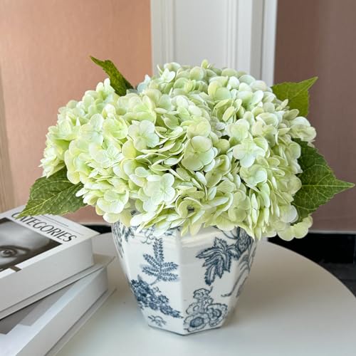 YalzoneMet RUZUQE Light Green Hydrangea Artificial Flowers, 3 Pcs Lifelike Real Touch Latex Hydrangea Fake Flowers, 21 inch Faux Green Flower for Home Wedding Decor Flower Arrangement - color: Light Green