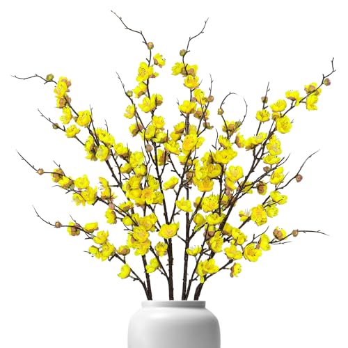 Betylifoy Artificial Plum Blossom Flowers 4Pcs Faux Silk Cherry Blossom 38" Long Stems Fake Plum Blossom Branches Artificial Silk Flower for Flowers Arrangement Wedding Home Table Decor (Yellow) - color: Yellow