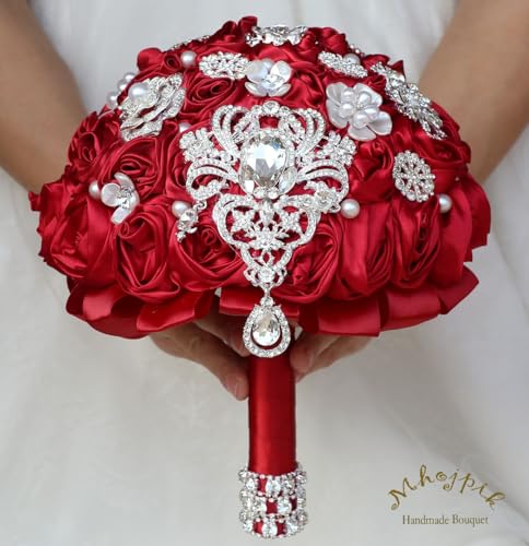 Bridal Wedding Bouquet Round Bling Brooch Bouquet Artificial Rose Flower Bunch for Bride Bridesmaid Wedding Quinceanera(Ruby Red, 9.8") - color: Ruby Red*, size: Large (Dia. 9.8"/25cm)
