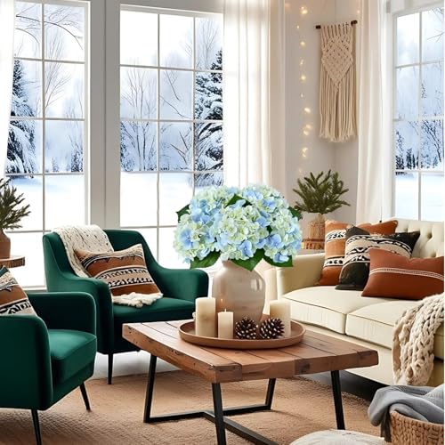 ZYTUYO 5PCS Light Blue Hydrangea Artificial Flowers Small Fake Latex Real Touch Hydrangeas Flowers with Stems Faux Silk Bouquet for Home Decor Table Wedding Party Outdoor Centerpieces - color: Blue Green