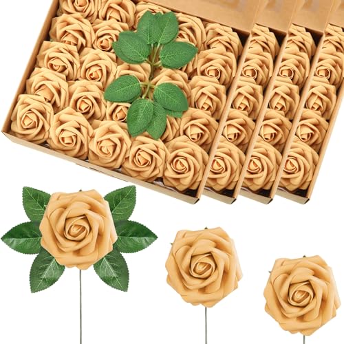 100 Pcs Artificial Foam Rose Flower Faux Bouquet Wedding Fake Rose Gift for Mother's Day Women DIY Bridal Shower Party Table Birthday Home Spring Decor (Gold) - color: Gold