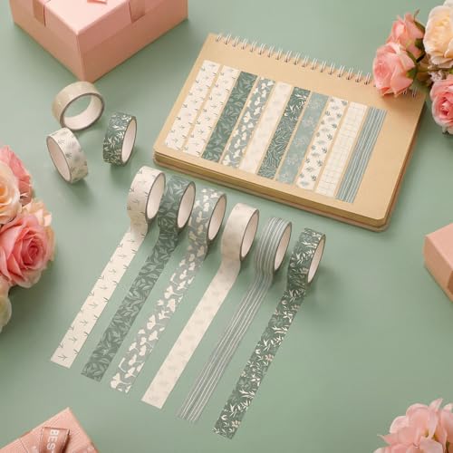 12 Rolls Watercolor Floral Washi Tape Set 15 mm Vintage Flower Decorative Masking Tape for Summer School Arts DIY Craft Scrapbook Journal Supplies Gifts(Sage Green,Leaves) - color: Sage Green, style: Leaves