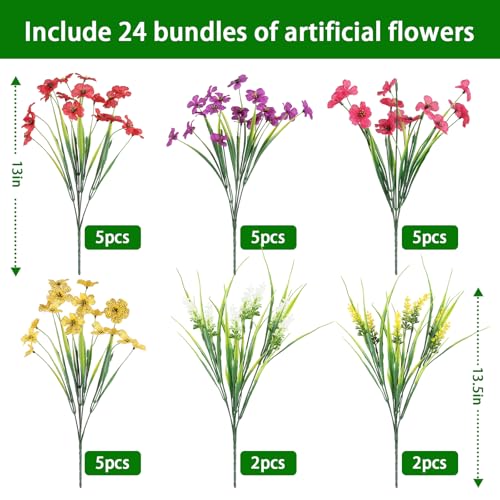 24 Bundles Realistic Fake Flowers for Outdoors, No Fade Faux Silk Flowers & Artificial Plants Lavender, for Garden Patio Porch Decor, Window Box, Hanging Basket, Planter, Grave Decorations - color: Mix Color, size: 24PCS