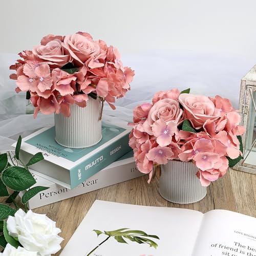 Flower Table Centerpieces - Set of 6 Floral Arrangement Artificial Wedding Hydrangeas Floral Arrangement with Rustic Metal Vase for Bridal Tea Party Event Decorations - Deep Pink - color: Deep Pink