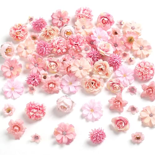 rongflower Faux Flower Heads Mini Pink Artificial Flower Heads Fake Peony Daisy Rose Flowers Multicolor Small Silk Daisy Flower Heads for Craft Garland Wedding Party DIY Home Decoration,2-4 cm - color: Pink