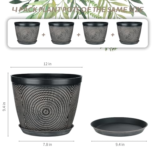 Quarut 12 Inch 4 Pack Large Plant Pots, Plastic Flower Pot for Indoor & Outdoor with Drainage Holes & Saucer, Circle Pattern Planters Garden Pots for Herbs - color: Circular Pattern-brown, size: 12 inch-4 Pack