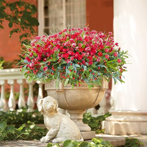 36 Pcs Artificial Flowers for Outdoor, UV Resistant Outdoor Fake Plants Faux Plastic Flowers Shrubs for Outside Garden Patio Porch Window Box Spring Summer Decor (Mixed Red) - color: Red