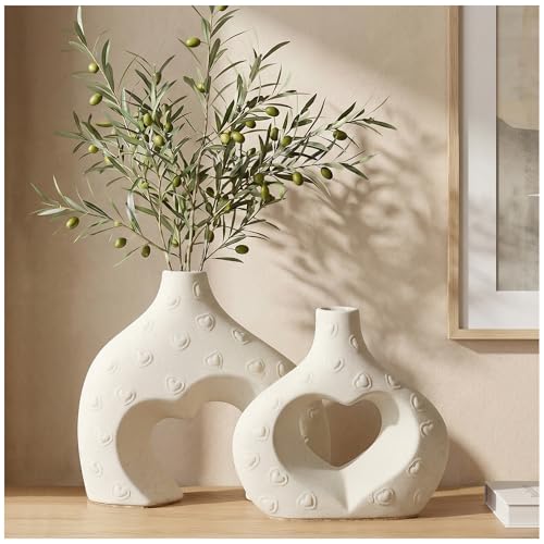 Ceramic Heart Flower Vase Home Decor Set of 2, Farmhouse Table Vases Rustic Vintage Living Room Kitchen Bedroom Decorations for House Book Shelf Office Coffee Desk Dining Fireplace - color: Large Cream White