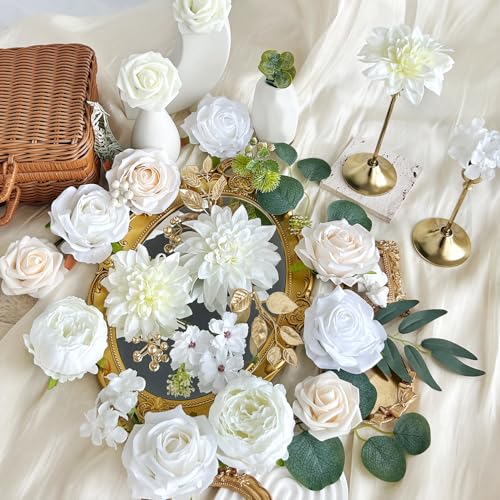 Ivory White Artificial Flowers Combo Box Set Silk Dahlia Roses Gold Leaves Stems DIY Bridal Wedding Bouquets Cake Boho Fake Floral Arrangements Baby Shower Party Table Centerpieces Home Decor Bulks - color: Ivory White, Cream
