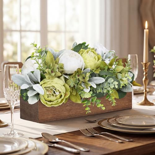 Summer Flower Centerpieces for Table Dining Room Pre-Made Artificial Peony Table Decorations Wood Tray with Fake Flowers for Wedding Living Room Party Bar Kitchen Table(Green White) - color: Green & White