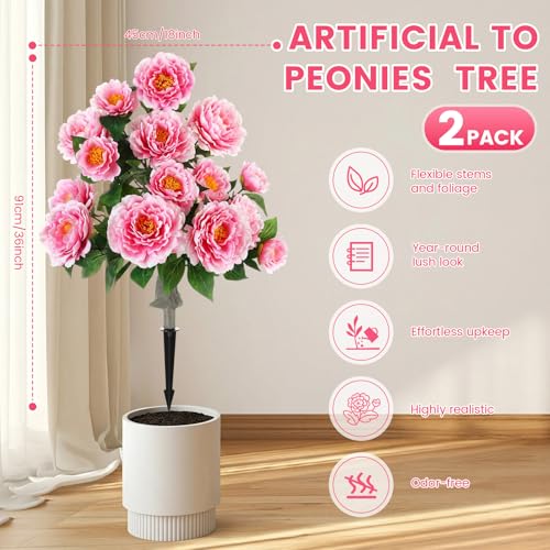 Thiccywoov 2 Pack 36" Artificial Peonies Flowers for Outdoor, 3 Ft Faux Outdoor Plants with Spike UV Resistant Realistic Fake Floral Bush for Indoor Front Door Porch Backyard(Pink) - color: Pink