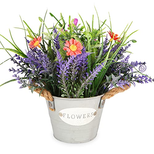 Artificial Lavender Plant 10" Purple Flowers with Orange Daisy in Galvanized Pot - Farmhouse Decor for Home Living Room Bedroom Bathroom Coffee Table - color: Lavender Flower With Orange Daisy