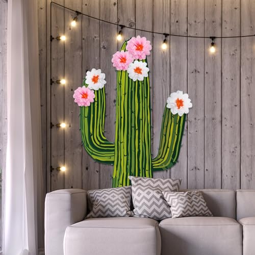 Honoson 7 Pcs 6ft Cactus Party Decorations with 3D Flowers Cactus Cutout Cardboard Cacti Summer Plant Wall Decor for Photo Prop Desert Wild West Mexican Fiesta Cowboy Vbs